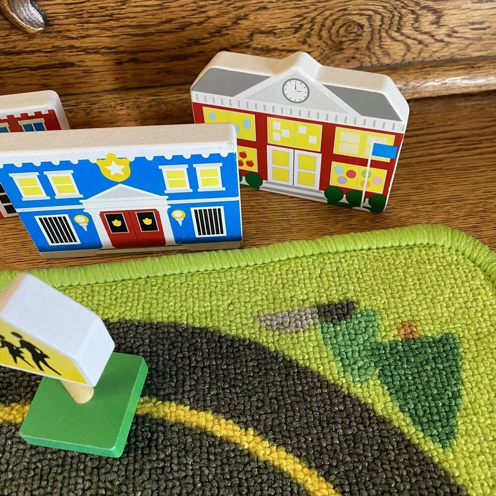 Melissa & Doug Create A Town Activity Rug Play Set 7 Wood Pieces